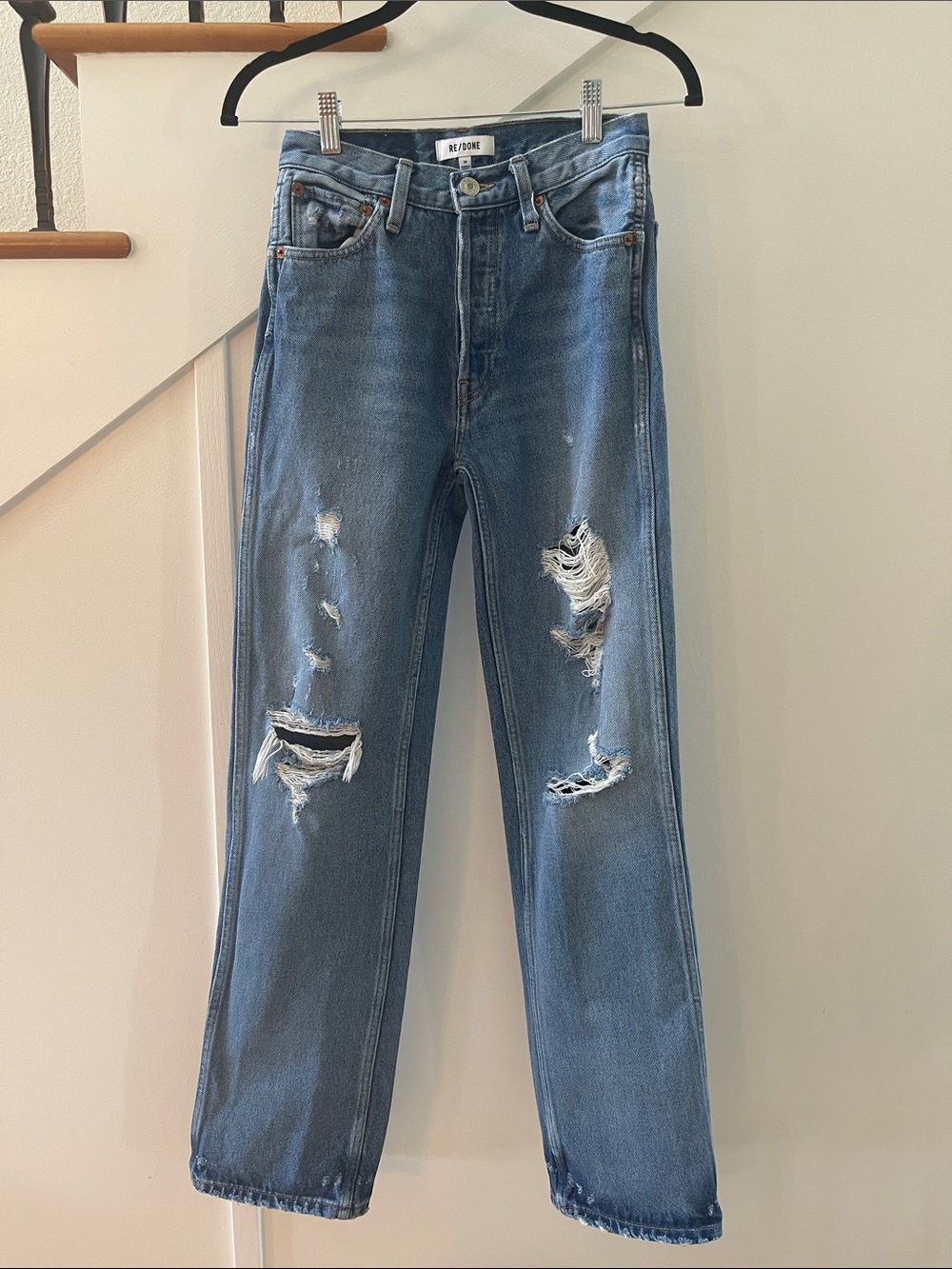 Re/Done 90’s High-Rise Loose Fit Jean Med Destroyed in Med Blue SIZE 24